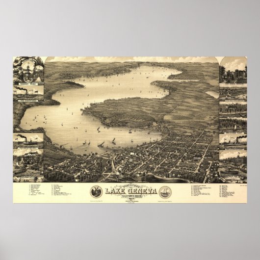 Poster Carte du lac vintage Genève (Devant)