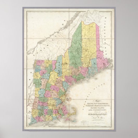 Poster Carte du Maine, New Hampshire, Vermont (Devant)