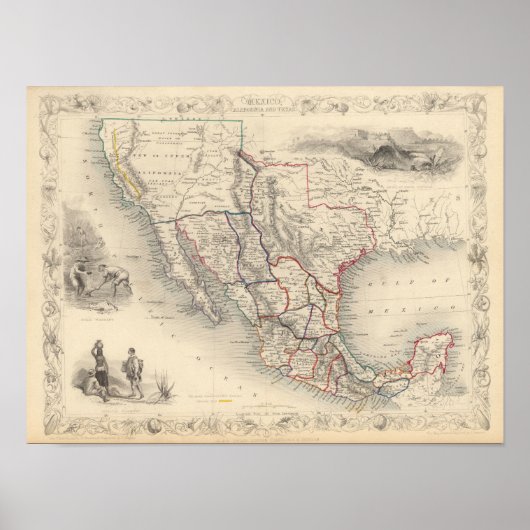 Poster Carte du Mexique, de la Californie et du Texas (Devant)
