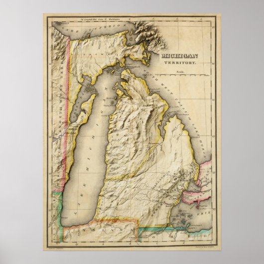 Poster Carte du Michigan 1822 antique avec relief moderne (Devant)