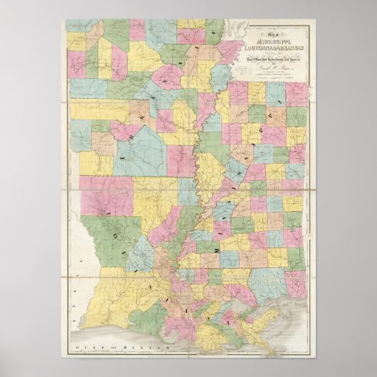 Poster Carte du Mississippi, Louisiane & Arkansas (Devant)