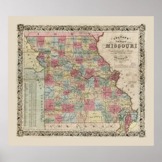 Poster Carte du Missouri de Colton (1851) (Devant)