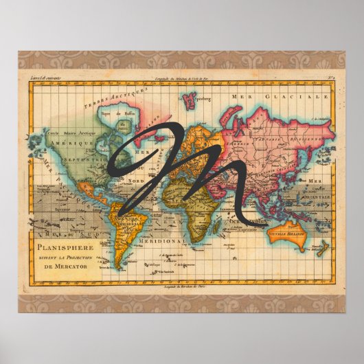 Poster Carte du monde 1700s Antique Continents (Devant)