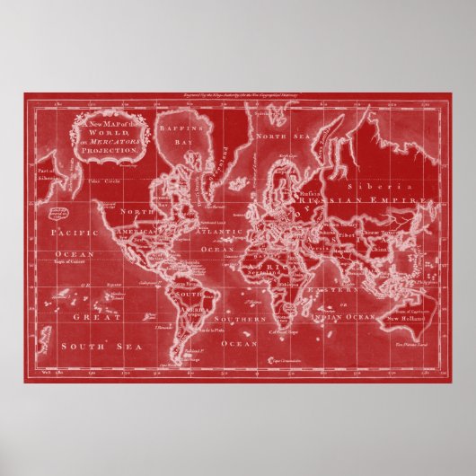 Poster Carte du monde (1766) Rouge et blanc (Devant)