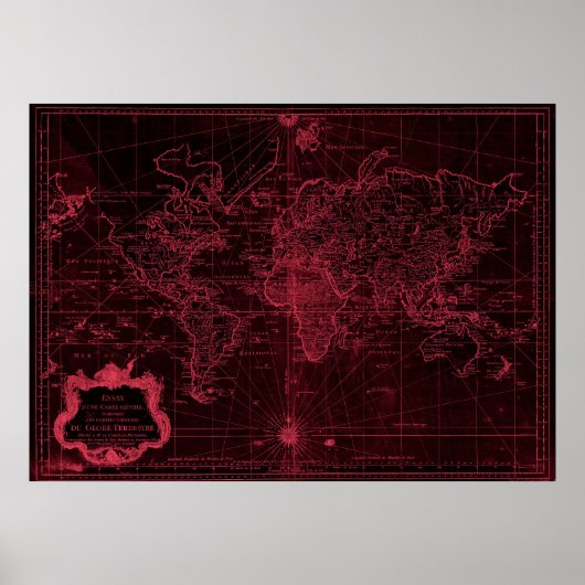 Poster Carte du monde (1778) Rouge noir et clair (Devant)