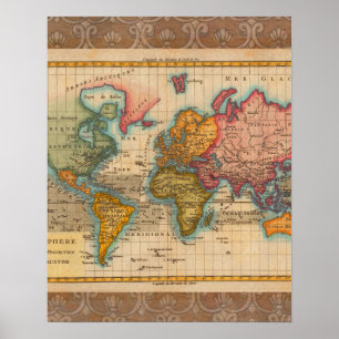 Poster Carte du Monde 1780 Bonne Antique Planisphère 