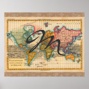Poster Carte du Monde 1780 Bonne Antique Planisphère 