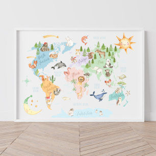 Poster Carte du monde animalière pour enfants, Animaux du