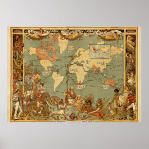 Poster Carte du monde Antique 1886 Illustré