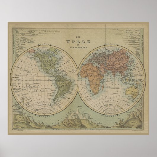 Poster Carte du monde antique des Hémisphères Style Vinta (Devant)