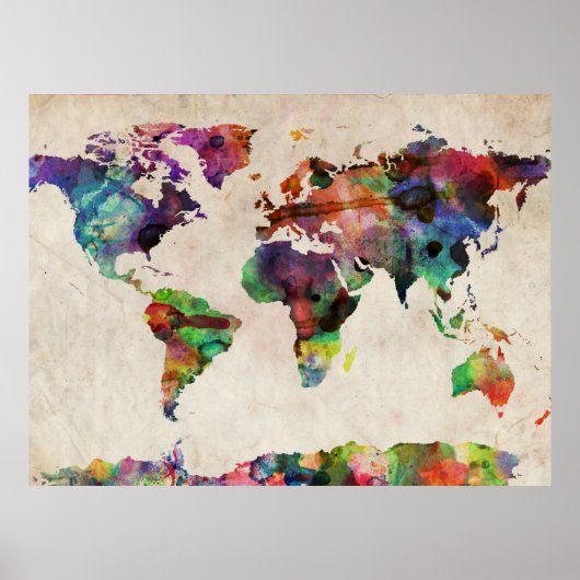 Poster Carte du monde Aquarelle urbaine (Devant)