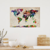 Poster Carte du monde Aquarelle urbaine (Cuisine)