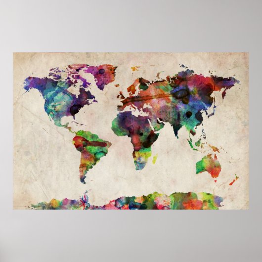 Poster Carte du monde Aquarelle urbaine (Devant)