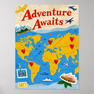 Poster Carte du monde avec épingles et points de repère