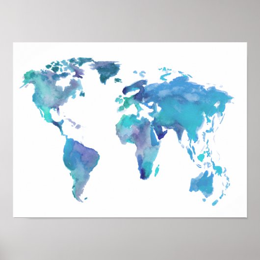 Poster Carte du monde bleu aquarelle (Devant)