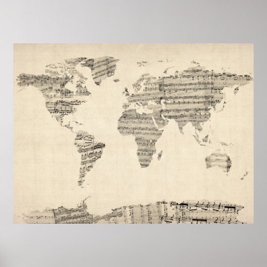 Poster Carte du Monde Carte de Vieux Partitions Musique (Devant)