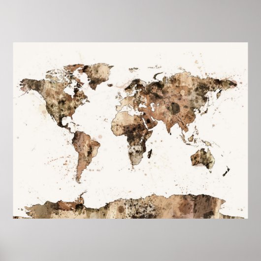 Poster Carte du Monde Carte Sepia Aquarelle (Devant)