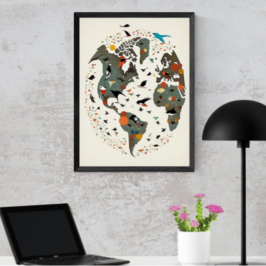 Poster Carte Du Monde, Charley Harper Inspiré