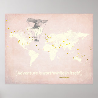 Poster Carte du monde, citation inspirante et feuille d'o