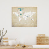 Poster Carte du monde, Citation Inspirationnelle et point (Cuisine)