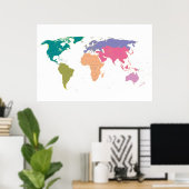 Poster Carte du monde colorée par continents (Bureau à domicile)