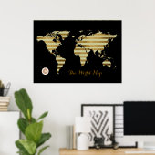 Poster carte du monde couleur or rayé (Bureau à domicile)