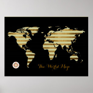 Poster carte du monde couleur or rayé