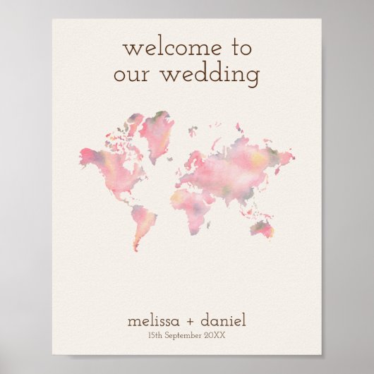 Poster Carte du monde dans les tons roses pour le mariage (Devant)