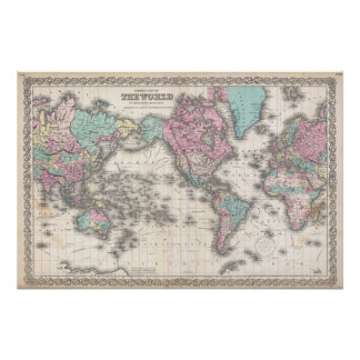 Poster Carte du monde de Colton de 1855 sur projection de