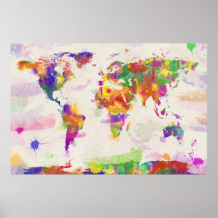 Poster Carte du monde de l'aquarelle colorée