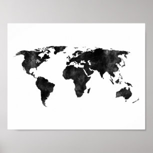 Poster Carte du monde de l'aquarelle noire et blanche
