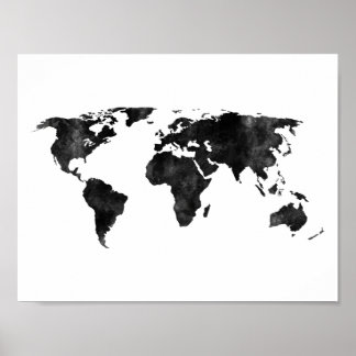 Poster Carte du monde de l'aquarelle noire et blanche