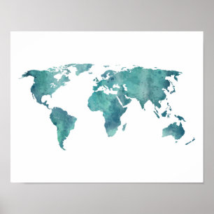 Poster Carte du monde de l'aquarelle turquoise
