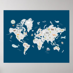 Poster Carte du monde des animaux mignons