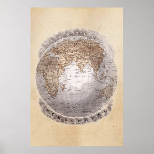 Poster Carte du monde des années 1800 vintage Hémisphère