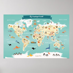 Poster Carte du monde des enfants avec des animaux et des