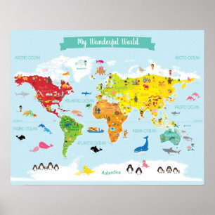 Poster Carte du monde des enfants brillants avec illustra