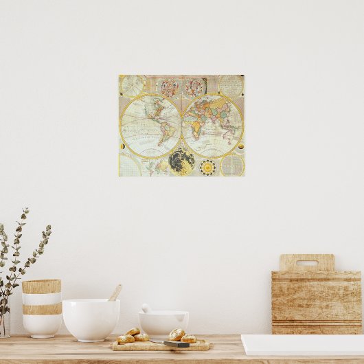 Poster Carte du monde double hémisphère (Cuisine)