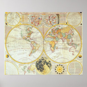 Poster Carte du monde double hémisphère