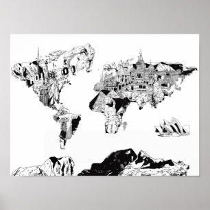 Poster carte du monde galaxie noir et blanc 3