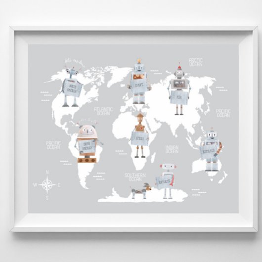 Poster Carte du Monde Garçons Impression, Art Robot Chamb