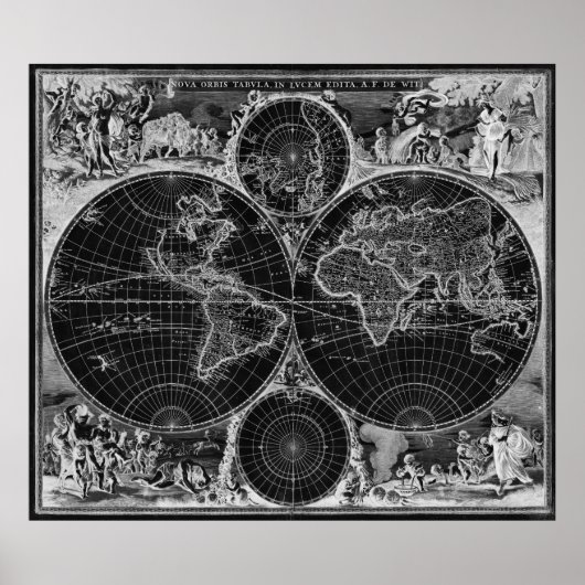 Poster Carte du monde noir et blanc (1670) Inverse (Devant)