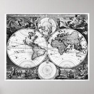 Poster Carte du monde noir et blanc (1690)