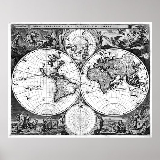 Poster Carte du monde noir et blanc (1690) (Devant)
