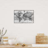 Poster Carte du monde noir et blanc (1780) (Cuisine)