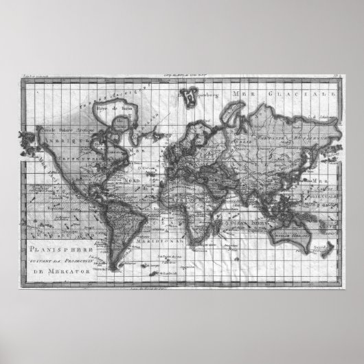 Poster Carte du monde noir et blanc (1780) (Devant)
