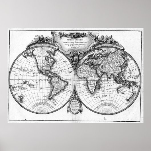 Poster Carte du monde noir et blanc (1782) (Devant)
