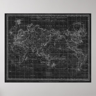 Poster Carte du monde noir et blanc (1799) Inverse