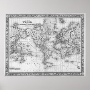 Poster Carte du monde noir et blanc (1864)