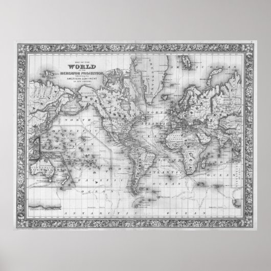 Poster Carte du monde noir et blanc (1864) (Devant)